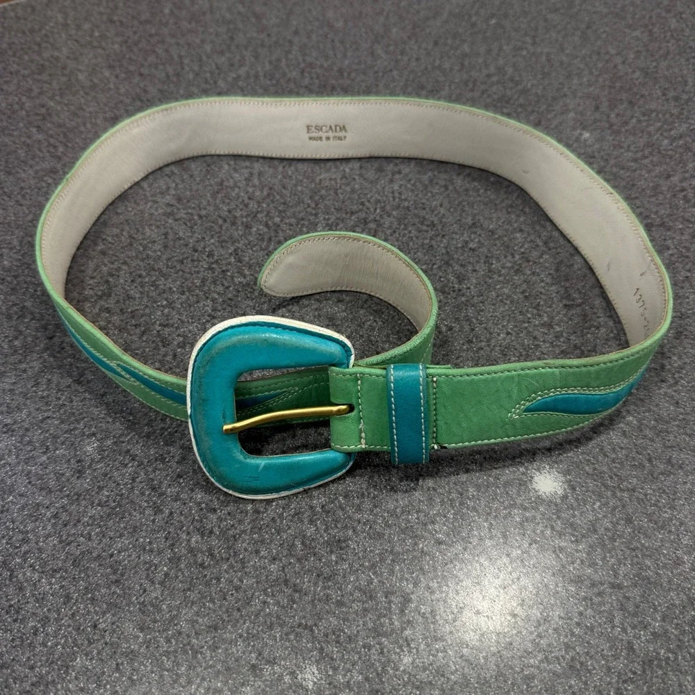 Escada Leather Belt Womens 40 Green Turquoise Good Made in Italy Wave Design